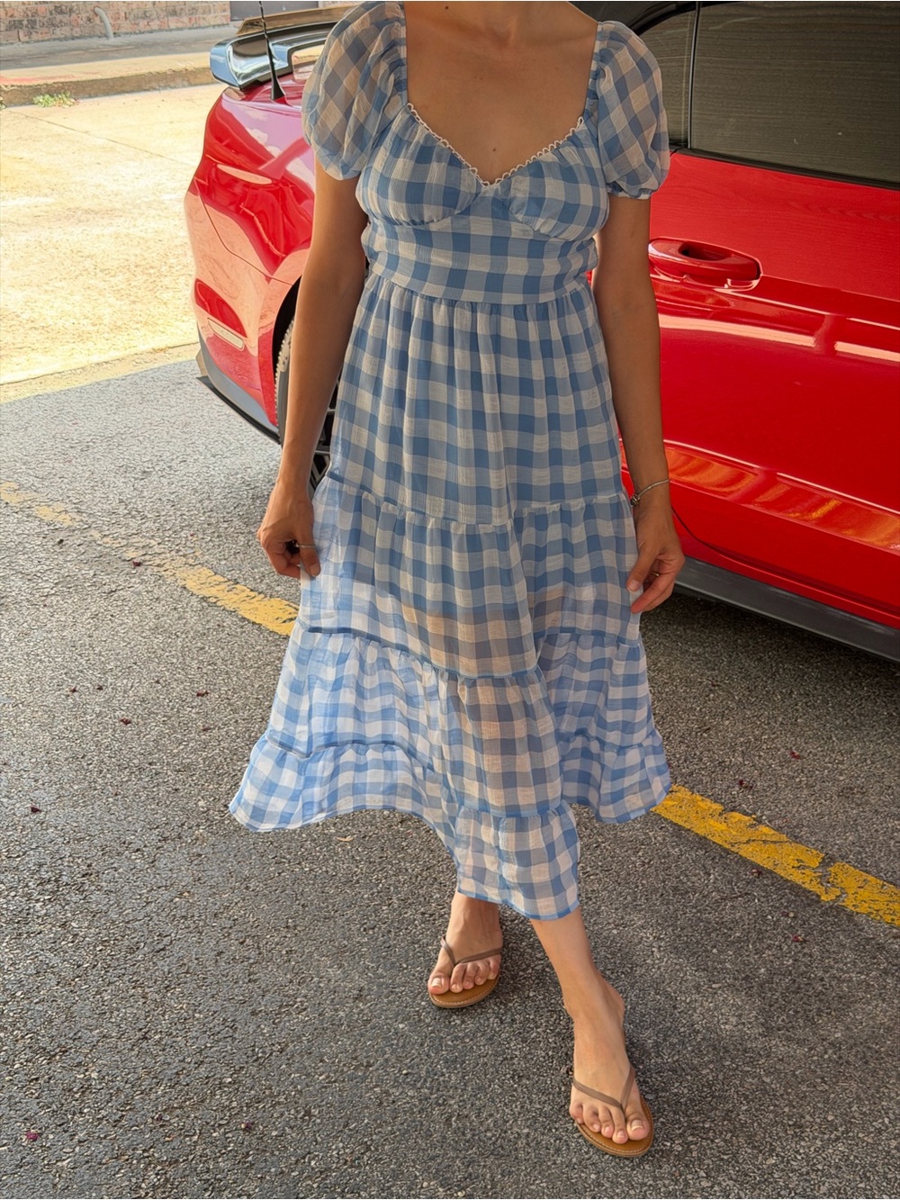 Amazon Blue Gingham Puff-Sleeve Midi Dress